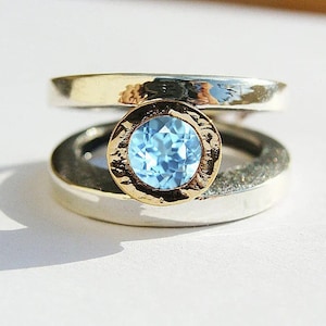 Aquamarine Ring Sterling Silver and 14k Solid Yellow Gold Mixed Metals Ring for Women/ Men Solitaire Hammered Gold Aquamarine Statement Ring