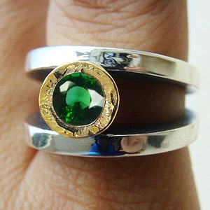 Green Tourmaline Ring Sterling Silver and 14k Hammered Yellow Gold, Mixed Metals Ring, Tourmaline Ring Genuine,Green Gemstone Ring, Unique