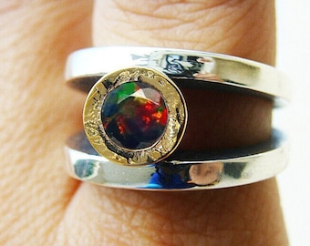 Hammered Black Fire Opal Ring: Handmade 14k Gold & Sterling Silver Opal Statement Ring, Silver Gold Ring