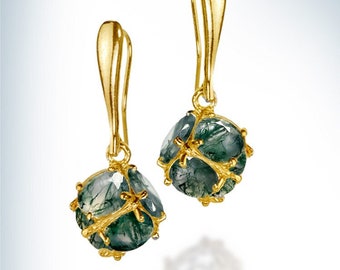 Natural Moss Agate Gold Earrings,Unique Earrings Set With 12 Moss Agate, Natural Green Gemstone Earrings,Nature Dangle Earrings,Gift For Her