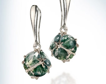 Natural Moss Agate Earrings Sterling Silver Solid Dangle Earrings, Unique Earrings Set With 12 Moss Agate, Natural Green Gemstone Earrings