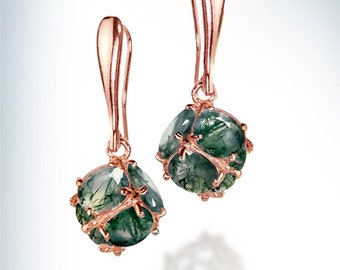 Natural Moss Agate Gold Earrings,Unique Earrings Set With 12 Moss Agate, Natural Green Gemstone Earrings,Nature Dangle Earrings,Gift For Her