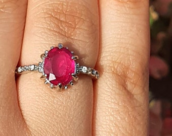 Natural Ruby Engagement Ring Sterling Silver, Ruby Diamonds Ring, 925 Solid Silver Ruby Dainty Ring, Ruby Solitaire/ Unique/Anniversary Ring