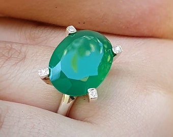 大きな楕円形のグリーンオニキスリング、女性用カクテルリング、グリーンジェムストーンリングスターリングシルバー、彼女へのクリスマスプレゼントリング、クリスマスリングジュエリー