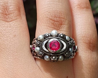 Rubin Statement Ring und Naturperlen, Vintage Ring Sterling Silber Frauen, filigraner Ring Silber, einzigartige Ring Frauen, Rubin Ring Sterling Silber