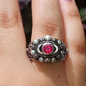 Ruby Statement Ring And Natural Pearls, Vintage Ring Sterling Silver Women,Filigree Ring Silver,Unique Ring Women,Ruby Ring Sterling Silver
