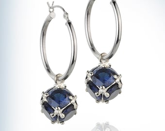 Blue Sapphire Earrings Sterling Silver, Post Dangle Earrings Silver, Blue Gemstone Earrings, Blue Sapphire Bridal Earrings, Unique,  For Her