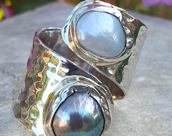 Unique Pearl Ring, Sterling Silver Pear Ring, White Pearl Ring, Black Pearl Ring Silver, Hammered/Handmade Pearl Ring, Two Pearl Ring