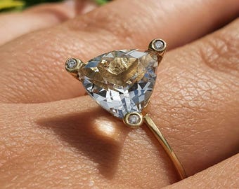 White Topaz Engagement Rings Sterling Silver, Topaz Diamond Ring Diamond Ring, Trilliant Diamond   Ring, White  Wedding Ring