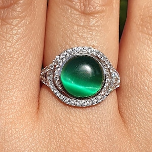Green Cat's Eye Statement Ring, Multistone Crystal Accent, Large Green Stone Statement Ring, Sterling Silver