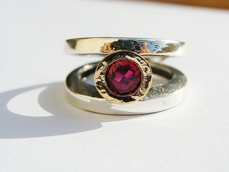 Sterling Silver Ruby Ring and 14k Solid Yellow Gold Hammered Setting ...