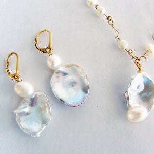 Natural Pearl Bridal Set, Necklace and Earrings Gold Jewelry Set ,Natural Keshi Pearl Necklace & Earrings Set, Handmade Jewelry Wedding Set