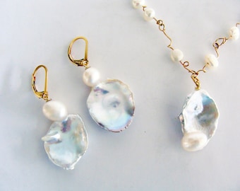 Natural Pearl Bridal Set, Necklace and Earrings Gold Jewelry Set ,Natural Keshi Pearl Necklace & Earrings Set, Handmade Jewelry Wedding Set