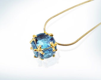 14K Gold Aquamarin Halskette, Aquamarin Anhänger, Einzigartige Aquamarin Layering Kette, Blauer Stein Halskette, März Geburtsstein Halskette