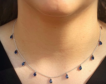 Blauer Saphir Birne Sterling Silber Charme Edelstein Halskette, Sapphire Birthstone Charme Halskette für Frauen