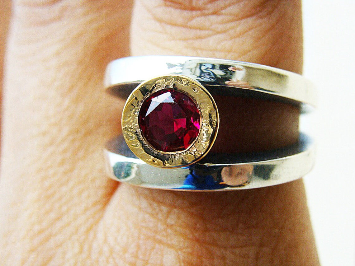 Sterling Silver Ruby Ring and 14k Solid Yellow Gold Hammered Setting ...