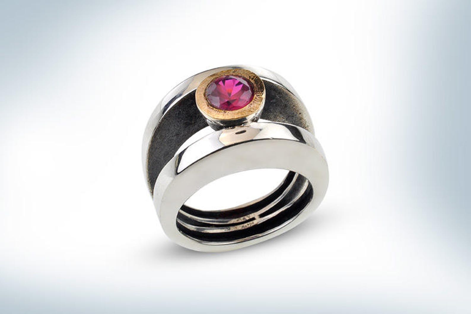 Sterling Silver Ruby Ring and 14k Solid Yellow Gold Hammered Setting ...