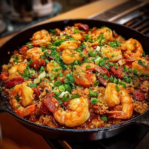 Könnte beinhalten: Eine gusseiserne Pfanne gefüllt mit Jambalaya. Große, gekochte Garnelen sind über der Reis- und Wurstmischung verstreut. Frühlingszwiebeln sind darüber gestreut. Das Gericht ist eine lebendige Mischung aus Orange, Rot und Grün.