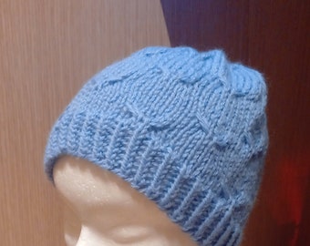 Light blue wool blend beanie (Pattern: "Bird by bird hat by S. K. Hull)