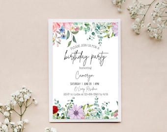 May include: A rectangular birthday party invitation card featuring a white background with watercolor floral borders at the top and bottom. The text reads: Please join us for a birthday party honoring Cameryn, Saturday, June 28, 4PM, O'Leary Residence, RSVP to Lydia at 123-456-7890 by 6/14.
