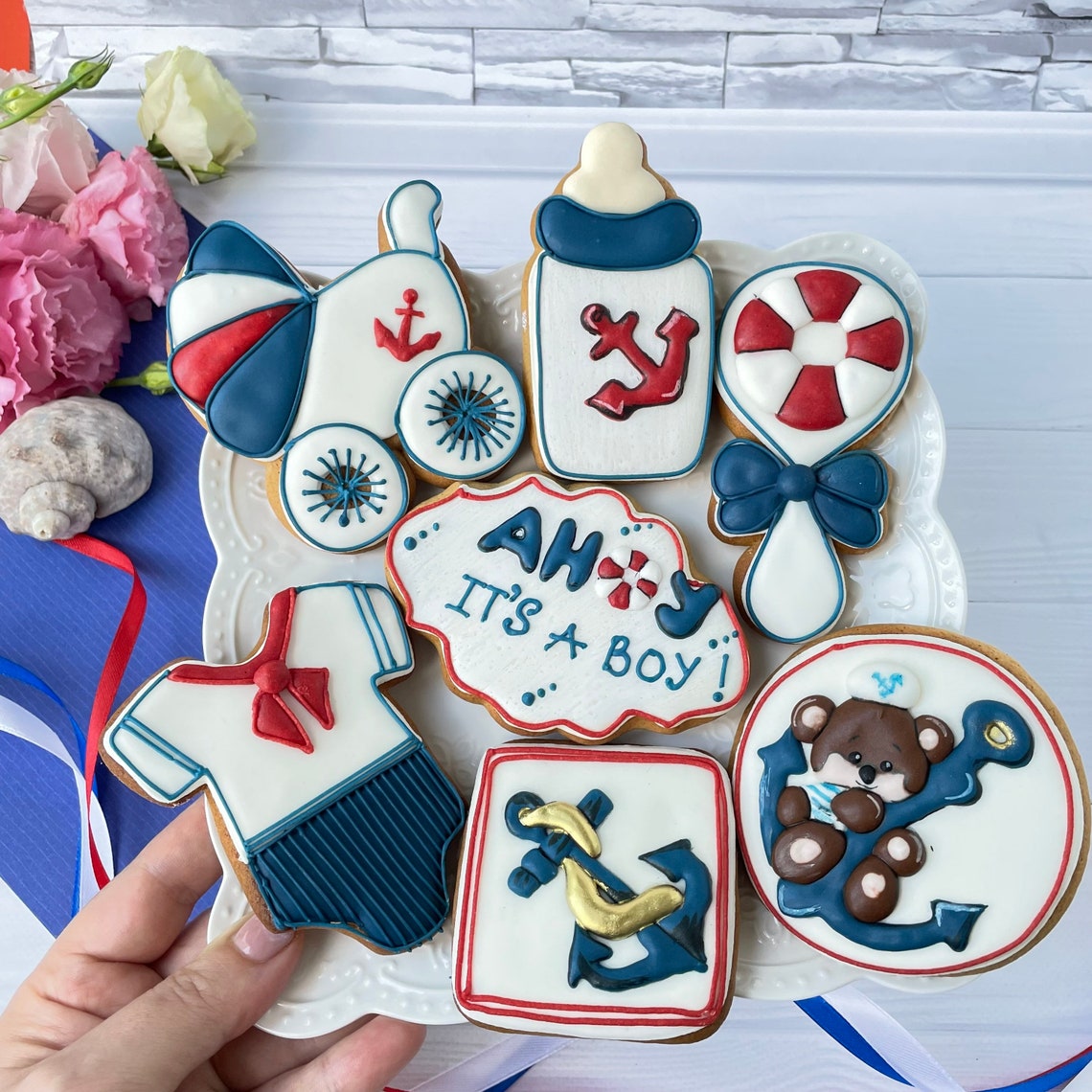 Ahoy Its a boy cookies Baby boy shower cookies Nautical baby Etsy