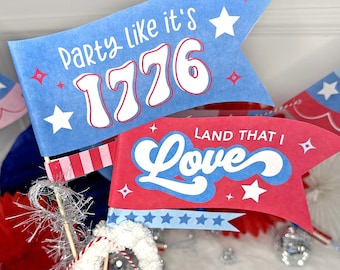 Printable Fourth of July Pennant Flags Set, Retro Patriotic USA Banner, Red White and Blue Bunting , INSTANT DOWNLOAD, Firecracker Birthday