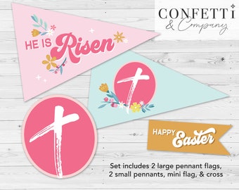 Printable He is Risen Easter Pennant Flag Set, Retro Easter Pennants, Girl's Easter Basket Filler, digital file, Easter Cross Pennant Banner