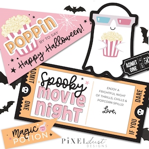 Printable Halloween Movie Night Gift Basket Flags, Retro Scary Movie Night Printable, Family Movie Night Gift Set, INSTANT DOWNLOAD PDF