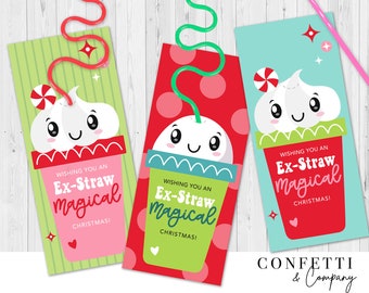 Silly Straw Christmas Printable Tags, Crazy Straw Holder Cards, Ex-straw Magical Party Favor Kids Classroom Treat PDF File, INSTANT DOWNLOAD