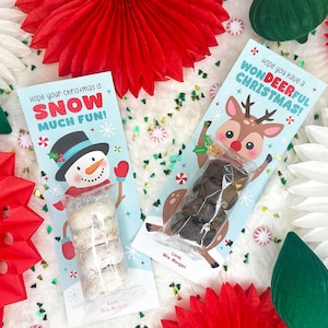 May include: Two Christmas-themed gift bags with treats. One features a snowman with the text "Hope your Christmas is SNOW MUCH FUN!" The other has a reindeer with the text "Hope you have a WONDEERFUL CHRISTMAS!" surrounded by festive decorations.