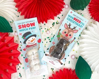 May include: Two Christmas-themed gift bags with treats. One features a snowman with the text "Hope your Christmas is SNOW MUCH FUN!" The other has a reindeer with the text "Hope you have a WONDEERFUL CHRISTMAS!" surrounded by festive decorations.