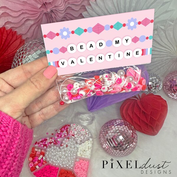 Beaded Bracelet Valentine Bag Topper, Bead Bracelet Kit Valentines, Girl Valentines, Classroom Valentines, Printable File INSTANT DOWNLOAD