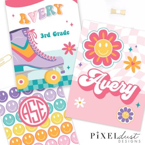 May include: Notebooks with retro designs. One notebook features a roller skate, the name "Avery", and "3rd Grade". Another has a flower with a smiley face and the name "Avery". The third notebook has a pattern of smiley faces and the initials "ASE".