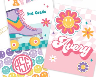 Personalized Monogram Retro Groovy Roller Skate Binder Covers, Printable Binder Cover Set, Girl School Supplies, Notebook Cover, Smiley Face
