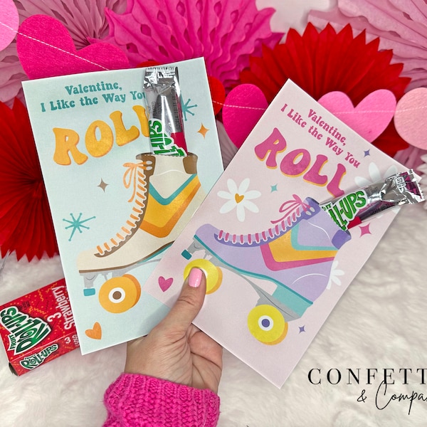 Retro Rollschuh Valentinstag Leckerli Halter druckbare Karten, Valentinstag Valentinstag Gastgeschenk, Kinder Klassenzimmer Valentinstag Geschenk, Skating Valentinstag PDF