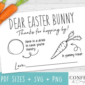 May include: A white card with the text "DEAR EASTER BUNNY Thanks for hopping by!" and a drawing of a carrot. Includes space for a drink and a line to write "Love,". Two orange carrots are in the upper left corner.