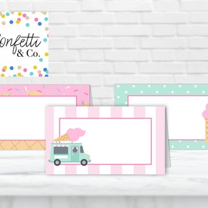 Ice Cream Truck Birthday Party Printable Food Tent Cards, Girl's Pink and Mint Green Blue Ice Cream Shop Food Labels, Digital File PDF, Tags