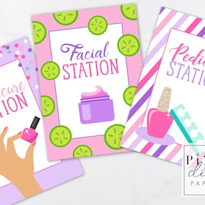 Spa Birthday Party Printable Manicure, Pedicure and Facial Station Signs, Spa Party decorations, Tween Teen Girl Spa Slumber Party sign