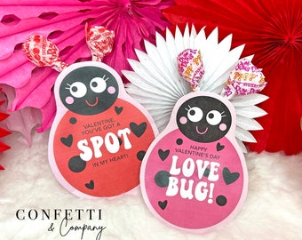 Love Bug Lollipop Printable Classroom Valentine Cards, Kids Valentine's Day Card, Ladybug Valentines Valentine's Party Favor Lady Bug Sucker