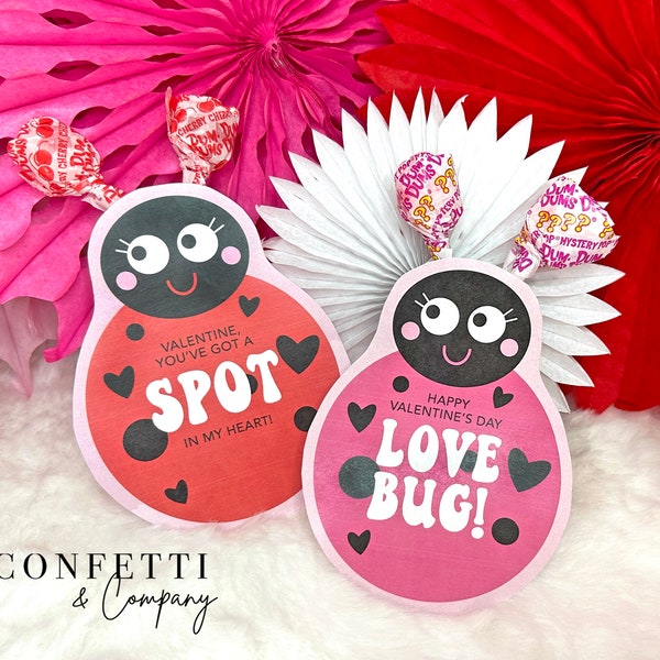 Love Bug Lollipop Printable Classroom Valentine Cards, Kids Valentine's Day Card, Ladybug Valentines Valentine's Party Favor Lady Bug Sucker