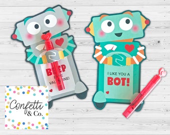 Robot Valentine Treat Holder Printable Cards, Printable Candy Hugger, Boy, Kids Valentine's Day Card, Robotics Valentines, PDF File