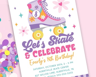 Inviti di compleanno retrò sui pattini a rotelle, file di invito stampabile per feste di pattinaggio, inviti di compleanno per ragazze, inviti personalizzati