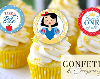 Snow White 1st Birthday Printable Cupcake Toppers, Girl's Fairest ONE of All Birthday Party Cupcake Picks Digital File, Snow White Party