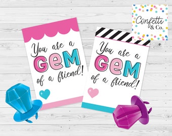 You are a GEM of a friend Ring Pop tags, Valentine's Day Cards, Girl's Birthday Party Favors, Tween girl valentines, printable valentines