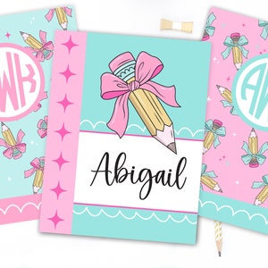 Personalized Bow Monogram Preppy Bow Pencil Binder Covers, Student Binder Cover Set, Girls School Supplies, Printable Notebook Covers