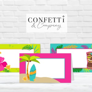 Tarjetas de tienda de comida imprimibles para fiesta Luau, etiquetas de comida para decoración de cumpleaños de niño niña, etiquetas de etiquetas PDF de archivos digitales, fiesta en la piscina Tiki hawaiana, Surfs Up