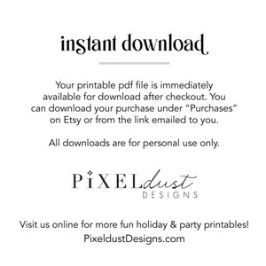 Op de afbeelding: Witte achtergrond met de woorden "instant download" in een stijlvol lettertype. Tekst hieronder legt uit hoe u een afdrukbaar PDF-bestand kunt downloaden na aankoop. Het logo en websiteadres van Pixeldust Designs zijn ook opgenomen.