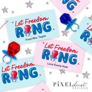Let Freedom RING リングポップタグ、印刷可能なパーティーの記念品、愛国的なリングポップカード、独立記念日のパーティーの記念品、7月4日のパーソナライズされたPDFサイン