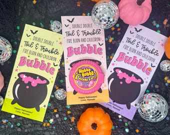 Bubble Tape Witch Cauldron Halloween Printable Card, Double Double Toil and Trouble, Bubblegum Tags, Instant Download, Class Treat for Kids