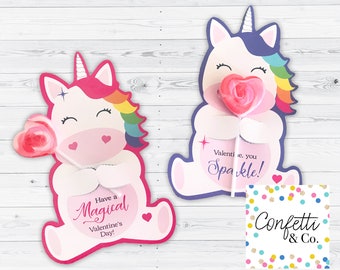 Unicorn Valentine Treat Holder Printable Cards, Girl Classroom Valentines Kids Valentine's Day Card Rainbow Unicorn Valentine PDF Printables